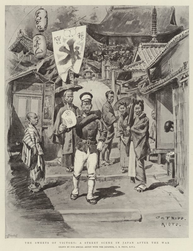 De zoetheid van de overwinning, een straattafereel in Japan na de oorlog door Charles Edwin Fripp