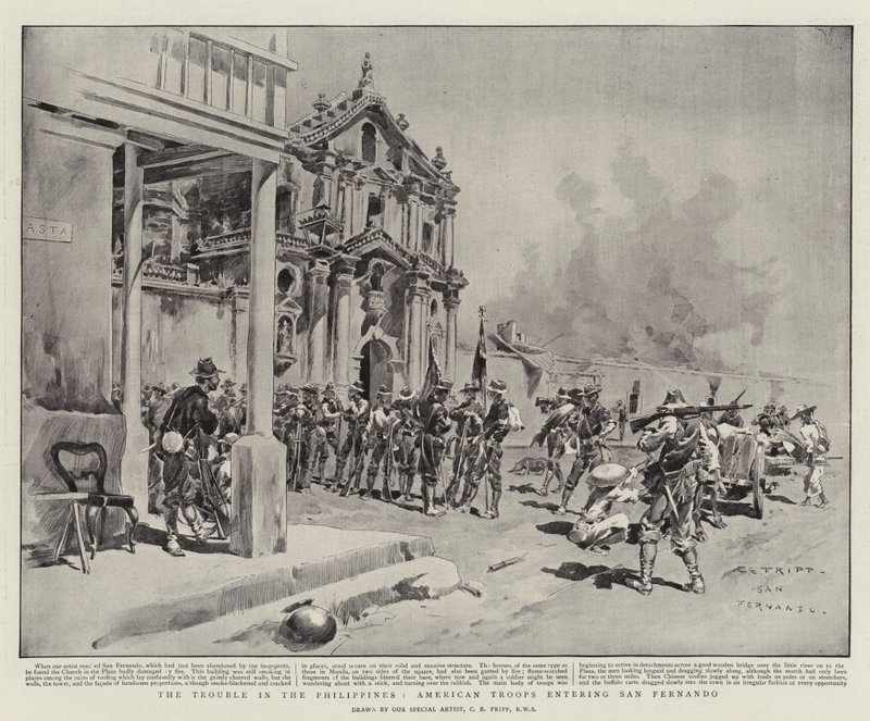 De Problemen in de Filipijnen, Amerikaanse Troepen betreden San Fernando door Charles Edwin Fripp