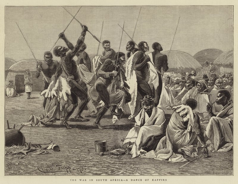 De oorlog in Zuid-Afrika, een dans van Kaffirs door Charles Edwin Fripp