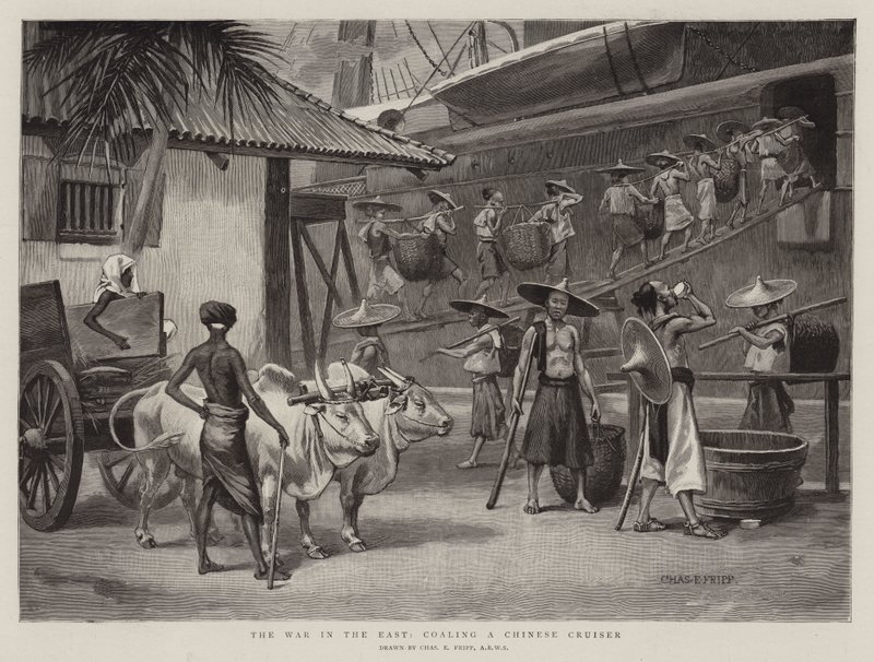 De oorlog in het Oosten, het kolen van een Chinese kruiser door Charles Edwin Fripp