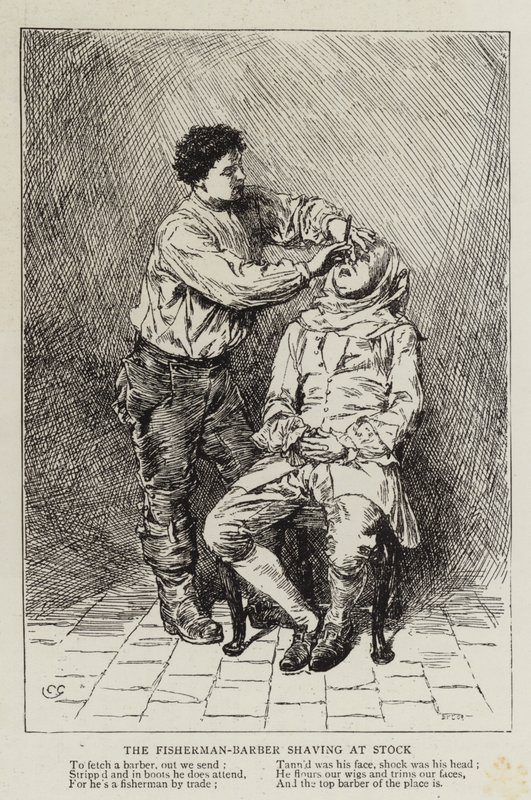 De Visser-Barbier die zich scheert bij Stock door Charles Green