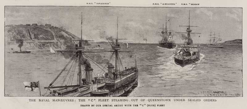 De Marine Manoeuvres, de C Vloot stoomt uit Queenstown onder verzegelde orders door Charles J. Staniland
