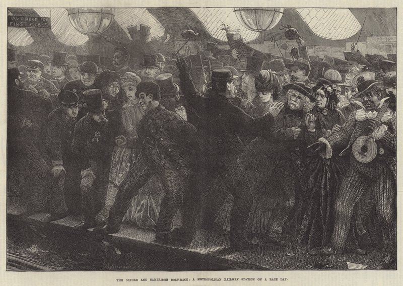 De Oxford en Cambridge Bootrace, een Metropolitan Railway Station op een racedag door Charles J. Staniland