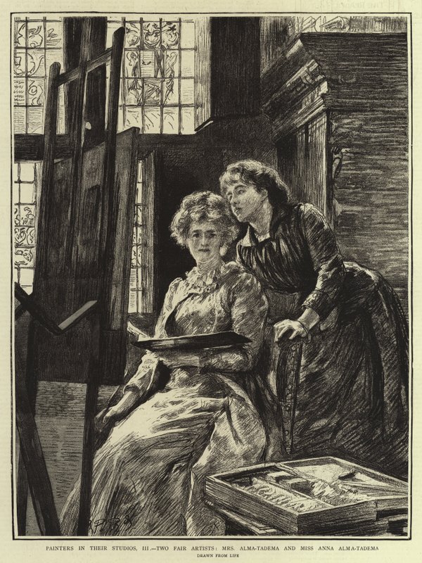 Schilders in hun ateliers, III, Twee mooie kunstenaars, mevrouw Alma-Tadema en juffrouw Anna Alma-Tadema door Charles Paul Renouard