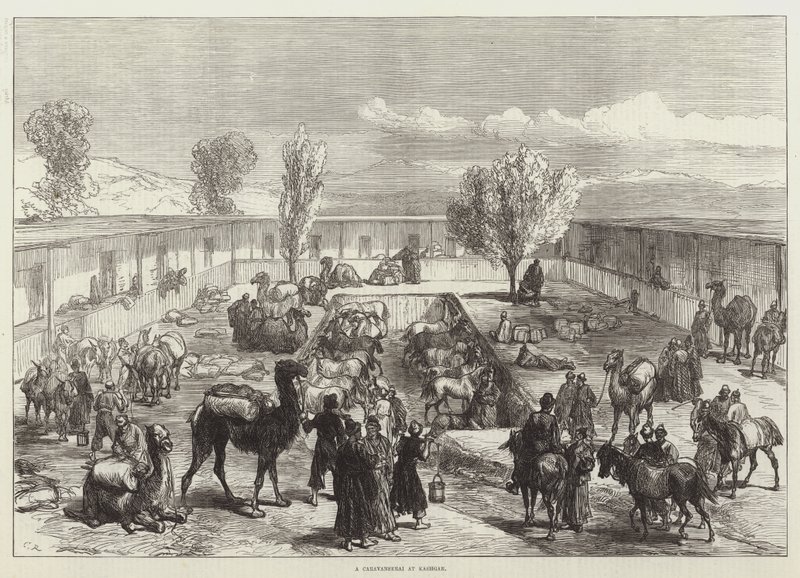 Een karavanserai in Kashgar door Sir John Charles Robinson