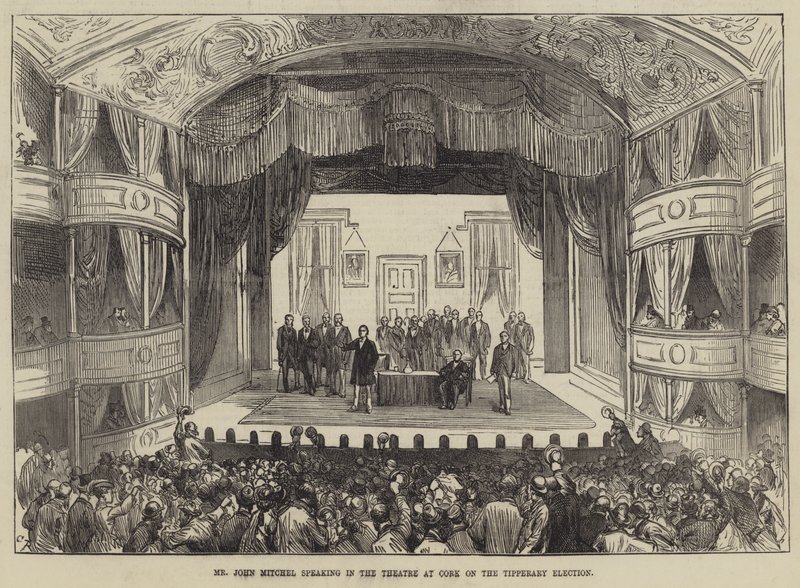 De heer John Mitchel spreekt in het theater in Cork over de verkiezing van Tipperary door Sir John Charles Robinson