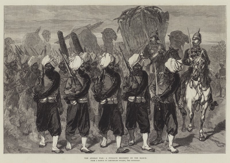 De Afghaanse oorlog, een Punjaub-regiment op mars door Sir John Charles Robinson