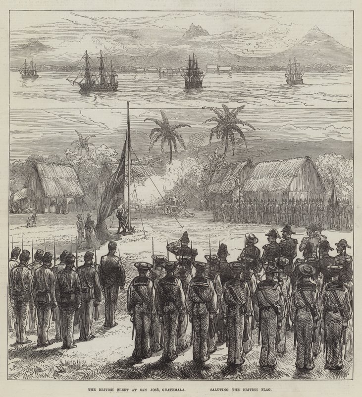 De Britse vloot in San Jose, Guatemala, groet de Britse vlag door Sir John Charles Robinson
