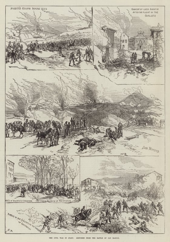 De burgeroorlog in Spanje, schetsen van de slag bij San Marcos door Sir John Charles Robinson