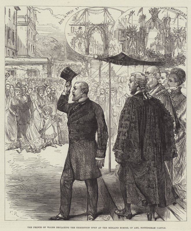De Prins van Wales opent de tentoonstelling in de Midland School of Art, Nottingham Castle door Sir John Charles Robinson