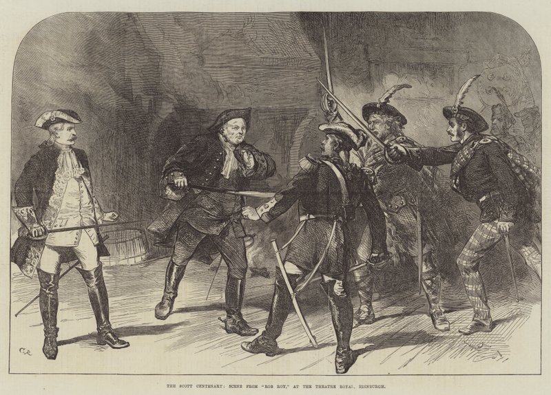 De Scott-eeuwfeest, scène uit Rob Boy, in het Theatre Royal, Edinburgh door Sir John Charles Robinson