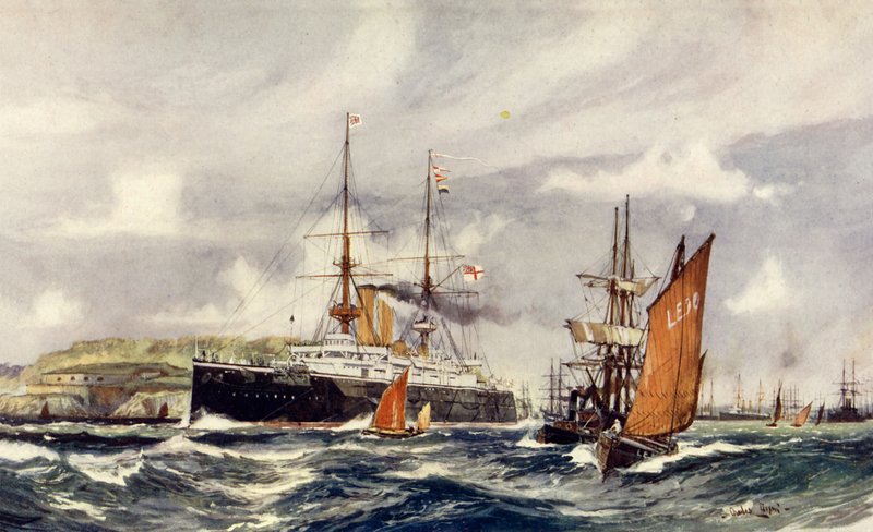 HMS Formidable in Plymouth Sound door Charles Edward Dixon