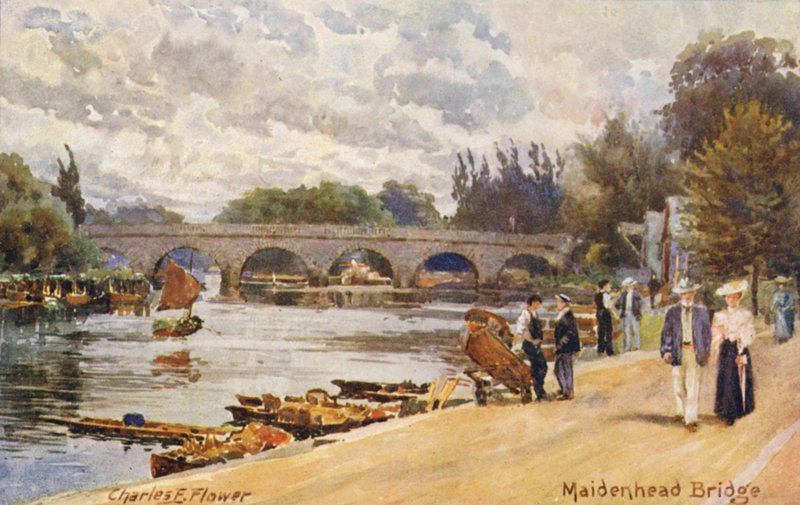 Rivier de Theems: Maidenhead Bridge (kleur litho) door Charles Edwin Flower