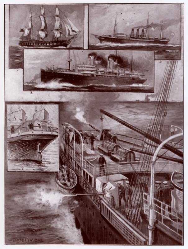 Gewapende koopvaardijschepen (litho) door Charles John de (after) Lacy