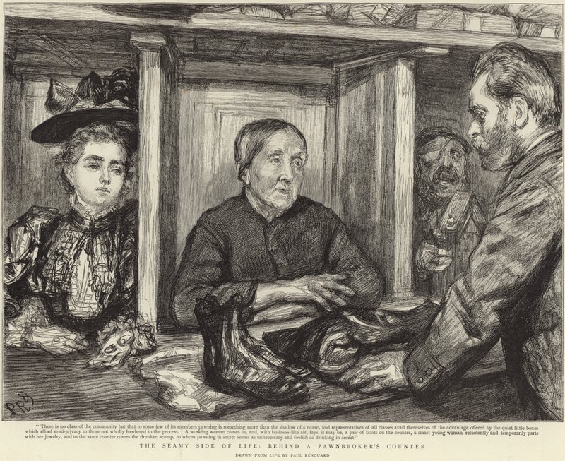 Achter de toonbank van een pandjeshuis (litho) door Charles Paul (after) Renouard