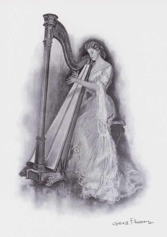 Vrouw die harp speelt (kleur litho) door Clarence F. Underwood