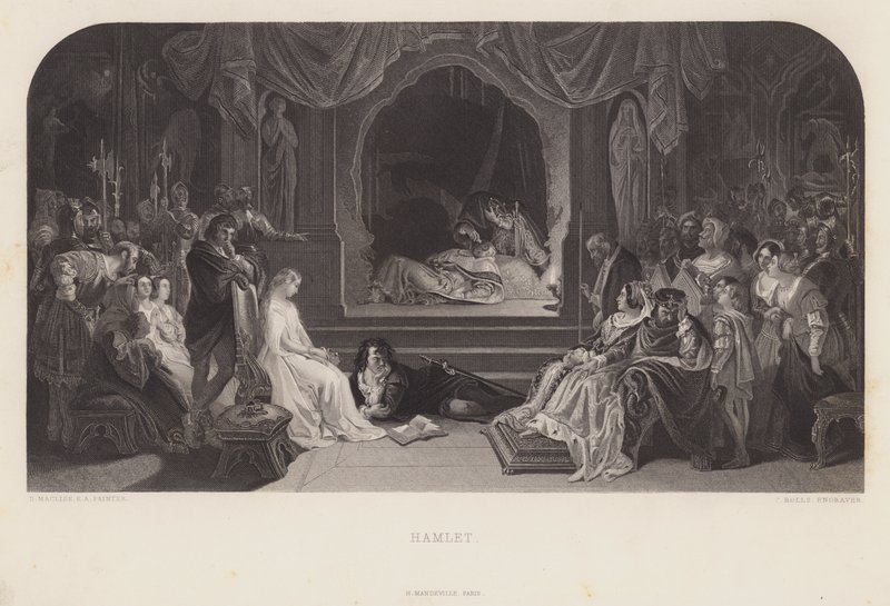 De toneelscène in Hamlet (gravure) door Daniel (after) Maclise