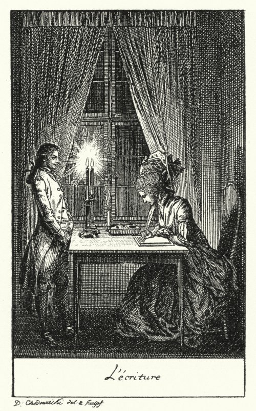 Schrijven (gravure) door Daniel Nikolaus (after) Chodowiecki