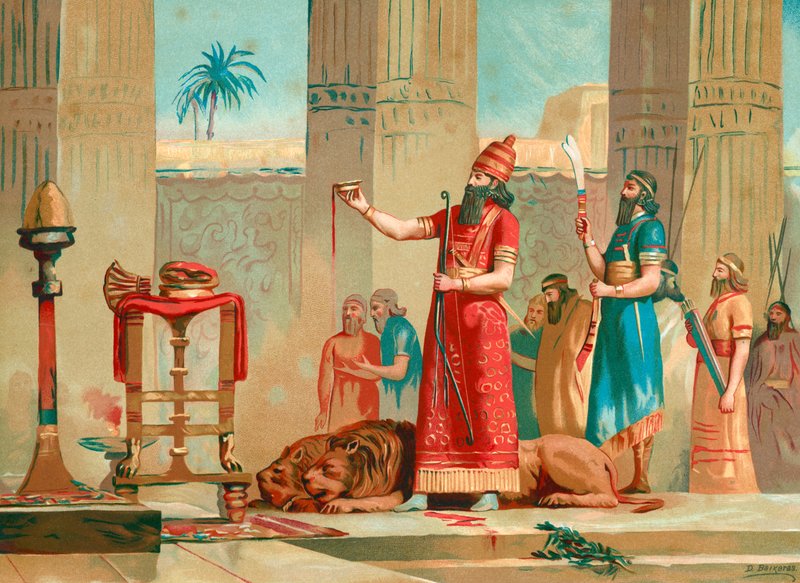 Ashurbanipal offert leeuwen als offer door Dionisio Baixeras Verdaguer