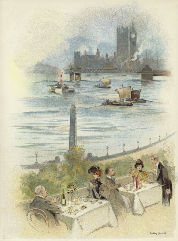 Lunch op terras met uitzicht op de Theems door Dudley Hardy