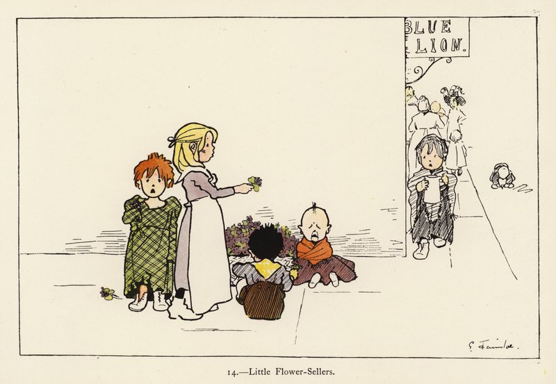 Kleine Bloemenverkopers (kleur litho) door Edith Farmiloe