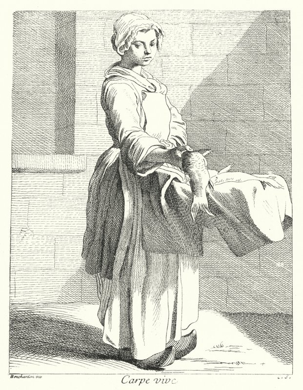 Visverkoper (gravure) door Edmé (after) Bouchardon