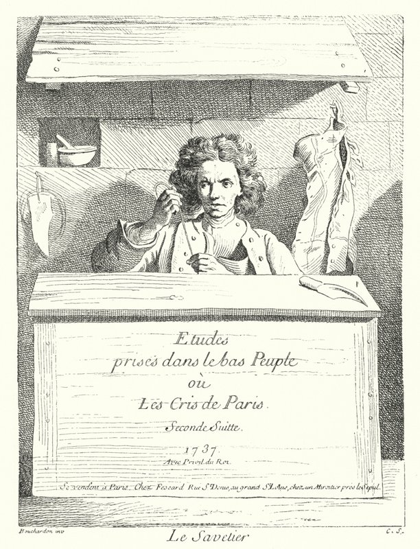 De Schoenmaker (gravure) door Edmé (after) Bouchardon