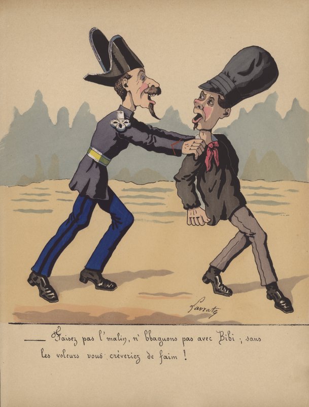 Politieagent arresteert een dief (kleur litho) door Edmond Lavrate