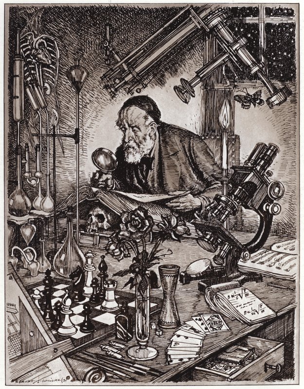De wetenschapper aan het werk (litho) door Edmund Joseph Sullivan
