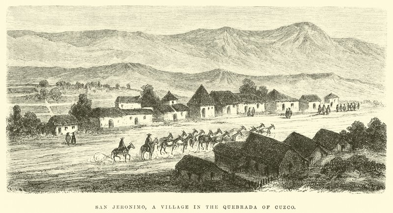 San Jeronimo, een dorp in de Quebrada van Cuzco door Edouard Riou