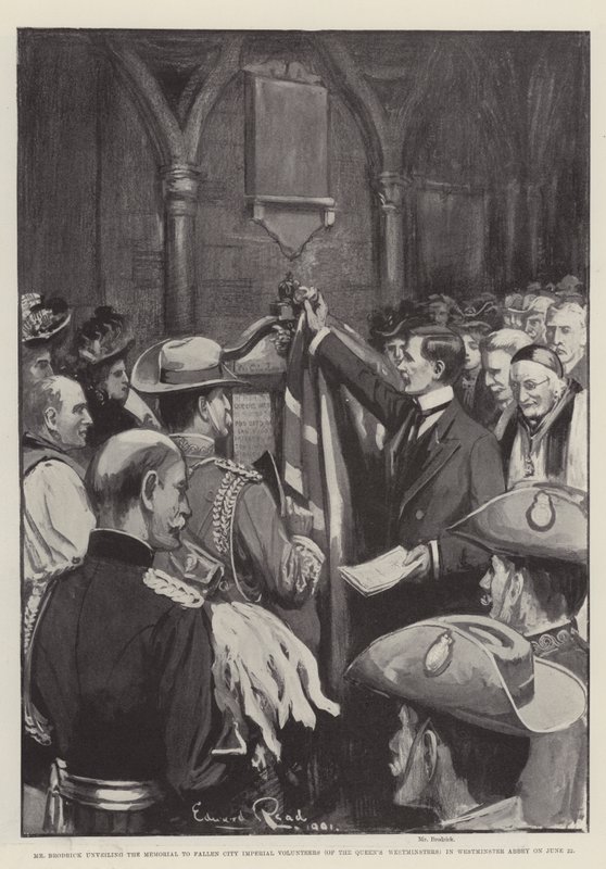 Mr Brodrick onthult het monument voor gevallen City Imperial Volunteers (van de Queen