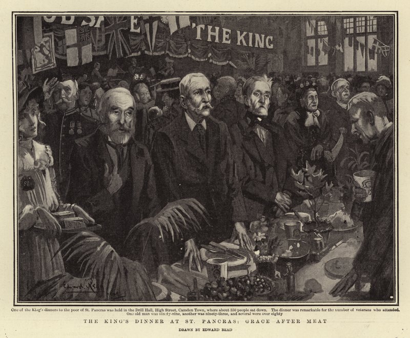 Het diner van de koning in St Pancras, dankgebed na de maaltijd door Edward Read