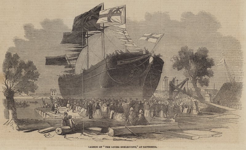 Lancering van de Louisa Shelbourne, in Battersea door Edwin Weedon