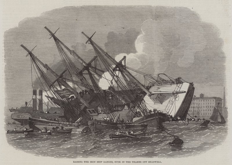 Het optillen van het ijzeren schip Ganges, gezonken in de Theems bij Shadwell door Edwin Weedon