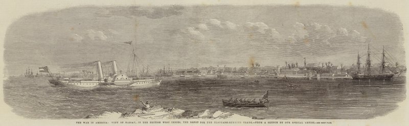 De oorlog in Amerika, uitzicht op Nassau, in de Britse West-Indië, het depot voor de blokkadehandel door Edwin Weedon