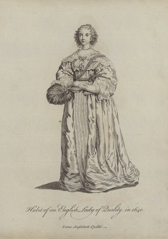 Kleding van een Engelse dame van kwaliteit in 1640 door English School