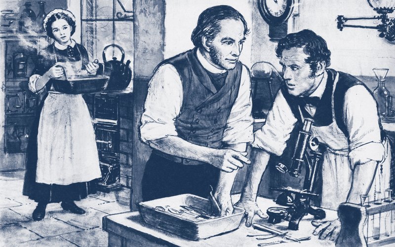 Joseph Lister toont microben op ongewassen chirurgische instrumenten door English School