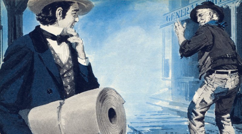 Levi Strauss, met zijn rol canvas, aankomend in San Francisco door English School
