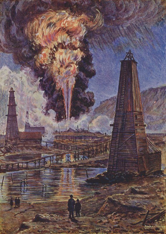 Een brandende oliebron (kleurenlitho) door English School