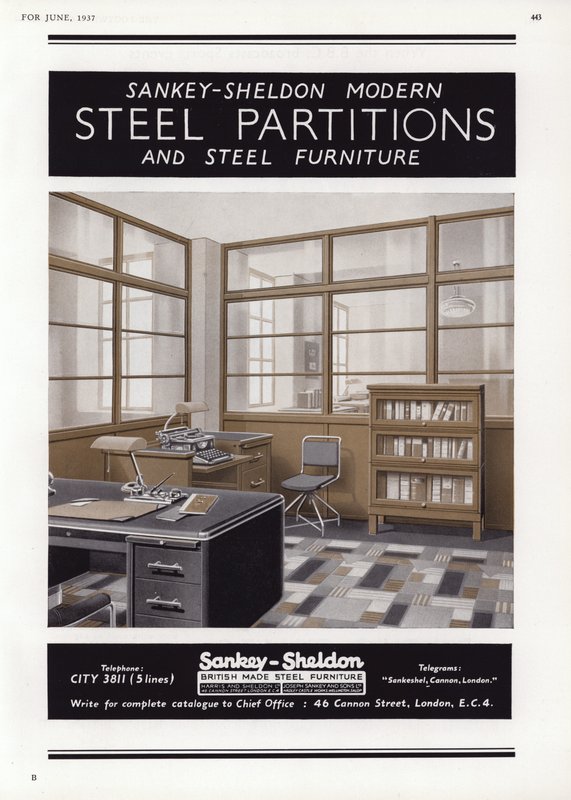 Advertentie voor Sankey-Sheldon stalen scheidingswanden, 1937 door English School