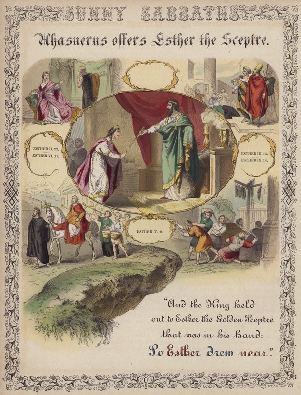 Ahasveros biedt Esther de scepter aan (gekleurde gravure) door English School
