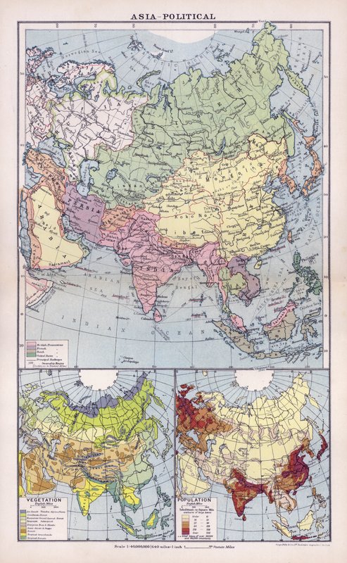 Azië, politiek (kleur litho) door English School