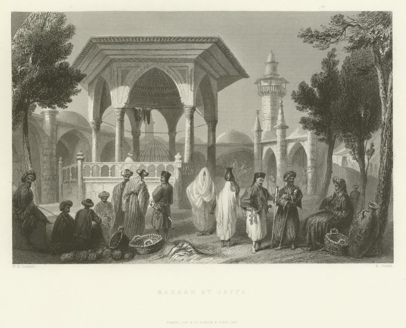 Bazaar in Jaffa, 1837 door English School