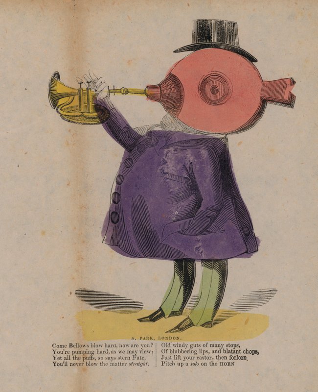 Blaasbalg die een hoorn blaast (gekleurde gravure) door English School