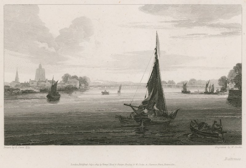 Boten op de rivier de Theems bij Battersea door English School