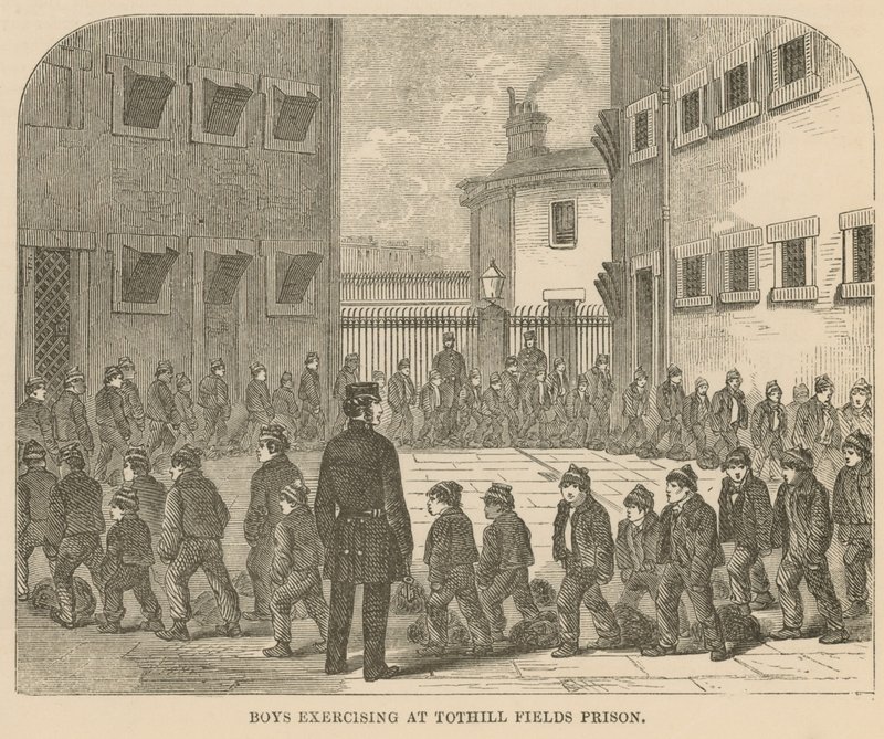 Jongens aan het oefenen in Tothill Fields Prison door English School