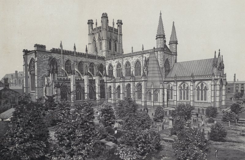 Chester: De kathedraal, vanaf de stadsmuren door English School