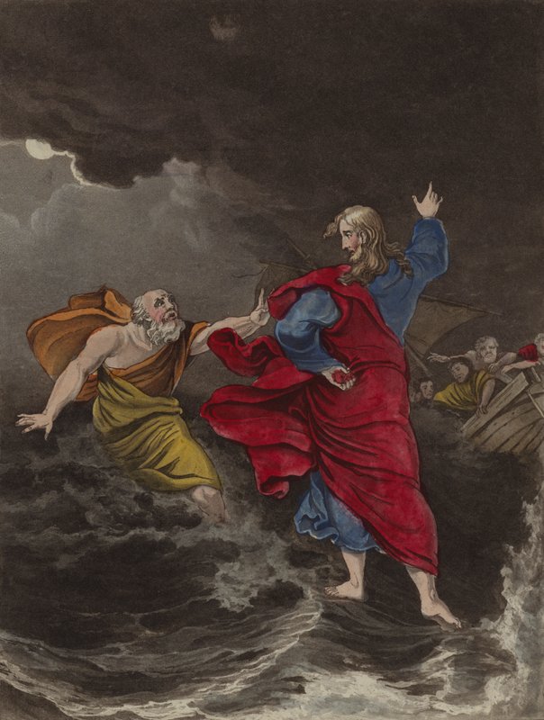 Christus loopt op water (kleur litho) door English School