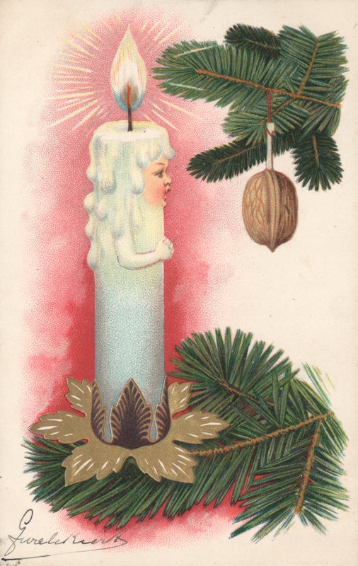 Kerstkaart met een kerstboomkaars door English School