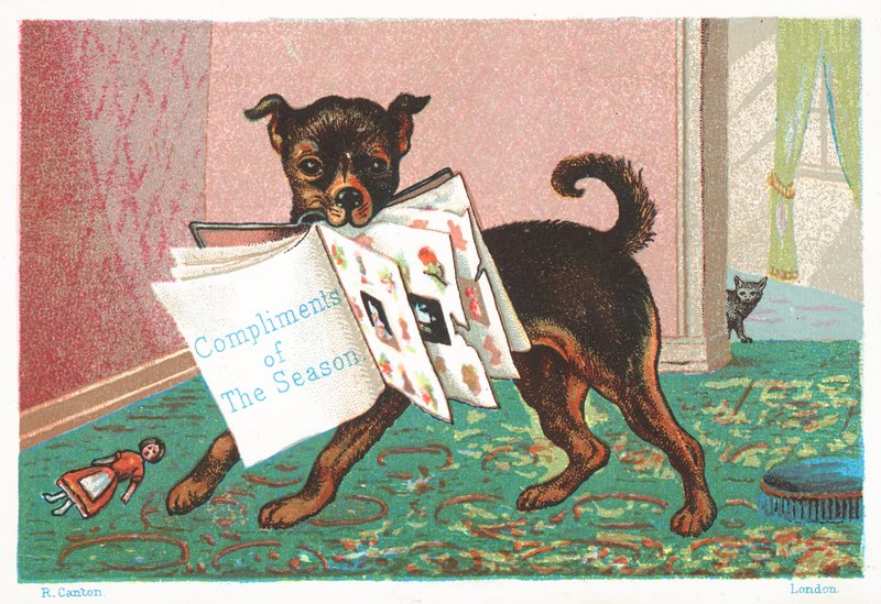 Hond met Boek in Mond, Kerstkaart door English School